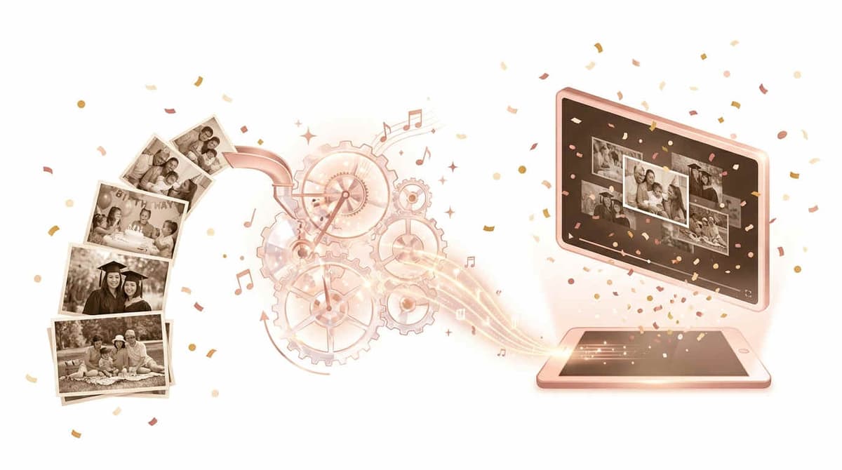 Birthday Slideshow Maker - Create personalized photo birthday slideshows with custom Happy Birthday songs. Upload 4-7 photos, choose from 16+ music genres, and make unforgettable birthday memory videos