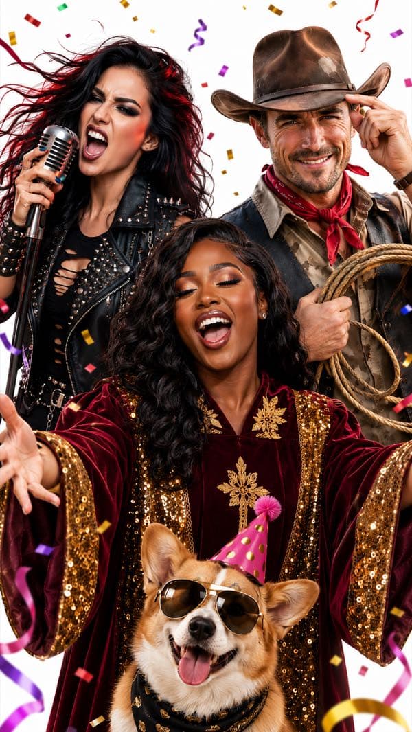 A gospel singer, metal frontwoman, cowboy, and a corgi in sunglasses — AI-generated birthday card characters singing on a white backdrop.